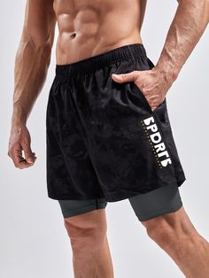 Black Sporty   Polyester    Non-Stretch  Men Activewear Mens Activewear, Sport Shorts, Mens Shorts, Mens Short, Active Wear, Print Design, Sports, Black