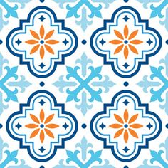 blue and orange floral tile pattern with an ornate design in the center, on white background