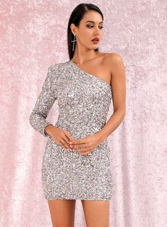 Silver One Shoulder Sparkly Sequins Bodycon Mini Party Dress LE98619 - PURPLE, M Multicolor Sequins, Sequin Sleeve, Pencil Skirt Dress, Sequin Bodycon Dress, Party Kleidung, Silver Dress, Long Sleeve Bodycon, Asymmetrical Dress, Long Sleeve Mini Dress