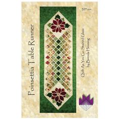 a green and white bookmark with red flowers on the front, and an image of a