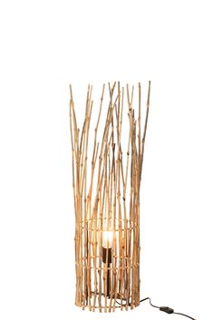 a light that is made out of bamboo sticks and has a bulb on the side