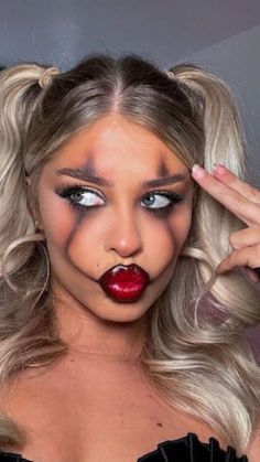 #halloweenmakeupideas #halloween #halloweenart #makeup #makeupoftheday #makeover #makeupaddict #makeuplover Halloween Makeup For Blondes, Halloween Idea Make Up, Black Clown Halloween Costume, Halloween Makeup Ideas Cute, Clown Costume Hair, Halloween Quick Costumes, Halloween Vampire Makeup Easy, Clown Halloween Makeup Easy, Easy Makeup Ideas Halloween