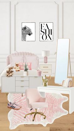 a bedroom with pink furniture and pictures on the wall, including a bed, chair, desk