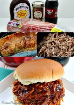 pulled pork sandwiches with barbecue sauce and bbq ribs on the side are featured in this collage