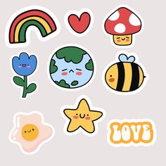 various stickers with different shapes and colors on them, including an egg, star, mushroom