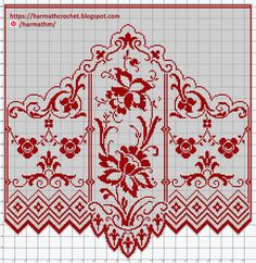 a red and white cross stitch pattern with flowers on the border, in two rows