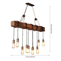 a wooden beam chandelier with five light bulbs hanging from it's side