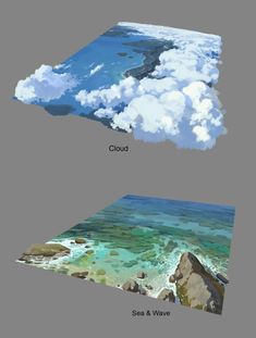 three different views of the ocean and land from above, with clouds in the sky