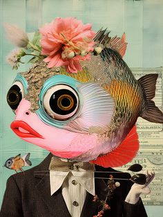 a painting of a fish wearing a suit and tie with flowers on it's head