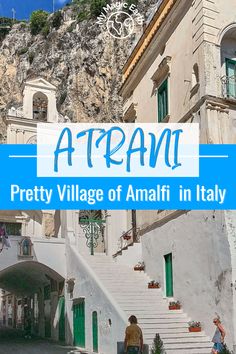 an old building with steps leading up to it and the words atrami written in blue