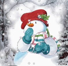 a snowman with a red hat and scarf