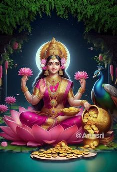 the goddess sitting on top of a lotus in front of a peacock and pot full of gold coins