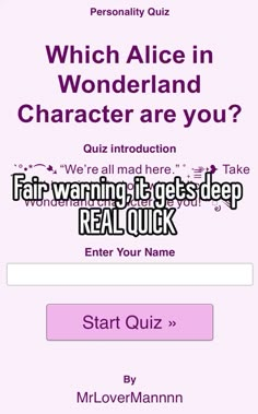 a pink screen with the words, which alice in wonderland are you? and an image of