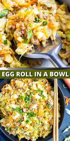 egg roll in a bowl with chopsticks on the side and an egg roll in a bowl next to it