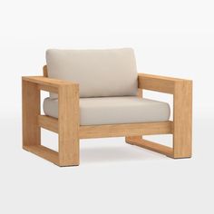 a chair that is made out of wood and has a cushion on the armrest