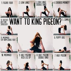 a woman doing yoga poses with the words want to king pigeon?