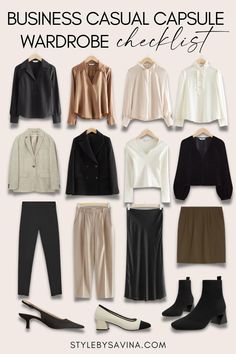 Business Casual Capsule Wardrobe: What To Wear To The Office - Style by Savina Business Basics Wardrobe, Business Casual 2023 Fall, Corporate Wardrobe Capsule, Business Casual Capsule Wardrobe 2023, Capsule Wardrobe Work Office, Work Capsule Wardrobe Business Casual, Skirts Business Casual, Corporate Capsule Wardrobe, Office Checklist