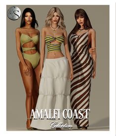 three women in swimsuits standing next to each other with the caption amalfi coast collection