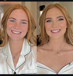 two photos of a woman with blonde hair and blue eyes, one is wearing a white shirt