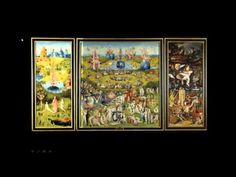 three paintings depicting the garden of geths, from left to right is an image of people and animals