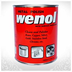 a can of metal polish with surface protectors on the lid and bottom, in red