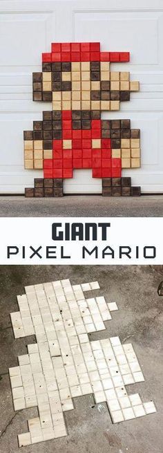 a giant piece of wood that is made to look like an old video game character