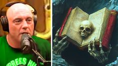 a man with headphones on next to an image of a skull reading a book