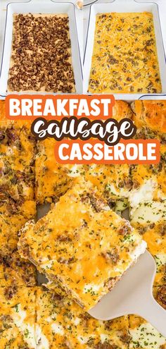 breakfast sausage casserole is shown in four different pans with the title above it