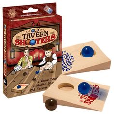 two wooden game pieces with blue balls in front of the box and an image of tavern shoters