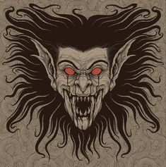 an evil face with long hair and red eyes on a brown background, in the shape of a demon's head