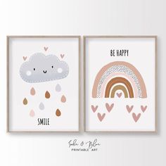 two posters with hearts and clouds on them, one is saying be happy the other is smiling