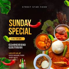 an advertisement for a restaurant called sunday special with various dishes and drinks on the table