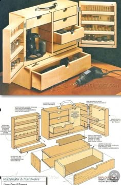 woodworking plans and instructions for drawers in a cabinet with the doors open to show how they