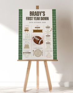 a football poster on an easel in front of a white wall with the words brady's first year down