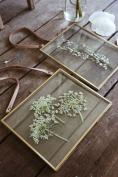 two framed pictures with flowers in them sitting on a table