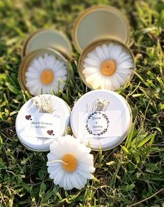 three small tins with daisies in them sitting on the grass next to each other