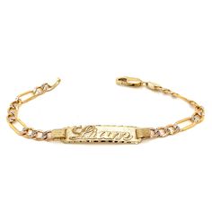 Cherish the Moment with our 14k Yellow Gold Kids and Baby ID Bracelet: Crafted in the timeless Solid Wide Figaro Pavé Links, this bracelet is a symbol of Elegance and Love. We believe in the power of personalization. Your child's name is expertly cut from solid 14k Gold and elegantly overlaid on the bracelet, creating a one-of-a-kind accessory. Additionally, you have the option to engrave a significant date on the back of the nameplate, transforming this bracelet into a cherished keepsake.  Whether it's a birth, a baptism, or simply an expression of love, this 14k Gold Kids ID Bracelet is a heartfelt and timeless gift that symbolizes the beauty of childhood and the joy of growing up. Order this beautiful bracelet today and look forward to receiving it within 4 business days within the Unit Luxury Engraved Gold Bracelet, Luxury Engraved Round Gold Bracelet, Gold Engraved Diamond Bangle Bracelet, Classic Yellow Gold Nameplate Bracelet, Formal Engraved Gold Bracelets, Formal Gold Engraved Bracelets, Luxury Engraved Rose Gold Bracelet, Personalized Rectangular 14k Gold Bracelets, 14k White Gold Diamond-cut Bracelets