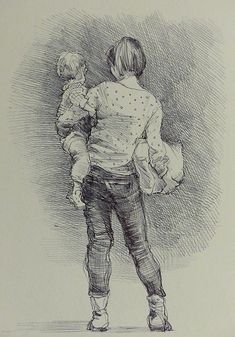 a drawing of a woman holding a baby in her arms and looking at the ground