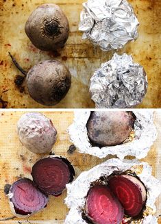 three different types of beets are shown in the same image, and one has been peeled