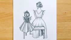 a drawing of two women in dresses sitting next to each other on a wooden table