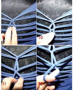 four pictures showing how to make a 3d wall decoration with blue plastic strips and scissors