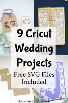 the 9 cricut wedding projects free svg files include cards, envelopes, and more