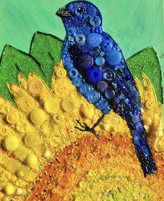 a painting of a blue bird sitting on top of a sunflower covered in buttons