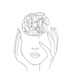 a woman's face with her hands on her head and the image of people inside it