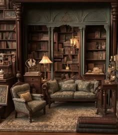 a living room filled with furniture and bookshelves