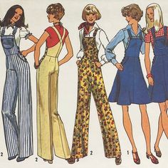 Free Shipping within the USA on Orders Totaling Over $35 Brand: Simplicity 7006 Size: 10 Bust Size: 32 1/2" Condition: Cut, complete and neatly folded Envelope condition: Good vintage condition with light shelf wear. Description: Pattern and instructions to make: ©1975; Misses' wide-leg overalls and short jumper pattern.  Short jumper V. 1 and wide-leg overalls V. 2 have side button closings, waistline seam, suspenders fastened to lined bib with "hook-up-closures" or suspender clips, side yoke and pockets, top-stitching trim and optional patch pocket buttoned to bib.  V. 1 jumper has optional embroidered eyelet edging. This is an original sewing pattern not a reproduction or a finished garment. Please check out my other patterns for a 32 1/2" bust. https://www.etsy.com/shop/VintageAnderbur 70s Overalls Outfit, Vintage Sewing Patterns 1970s, 70s Characters, 70s Overalls, Overall Patterns, Jumper Dress Pattern, Winter Sewing Patterns, Free Vintage Sewing Patterns, 1979 Fashion