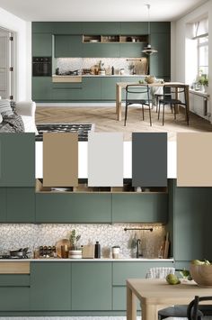 the kitchen is painted in shades of green and beige