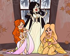 three princesses are standing in front of a window