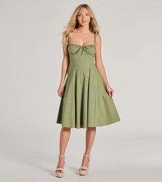 The perfect A-line midi dress for a picturesque look at showers, birthdays, or graduation! With a sweetheart neckline and adjustable straps, this dress flatters your figure while offering a touch of sweetness. The corset-inspired bodice and lace-up back add a hint of edginess, while the A-line silhouette and midi-length hem make it perfect for any occasion. Complete the look with earrings and block heels.Fit & FeaturesWoven fabric lined with stretchy knitSweetheart neckline, drawstring tieAd Sage Green Knee Length Dress, A-line Midi Dress With Adjustable Straps And Fitted Bodice, Green Midi Dress With Adjustable Straps, Summer Midi Dress With Pleated Bodice And Sweetheart Neckline, Green Ruched Bodice Midi Dress For Summer, Green Midi Dress With Ruched Bodice For Summer, Casual Midi Dress With Sweetheart Neckline And Fitted Bodice, Sweetheart Neckline Midi Dress With Adjustable Straps For Brunch, Summer Midi Dress With Ruched Bodice, Tea Length