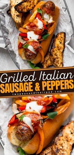 grilled italian sausages and peppers are served on buns in foil wrappers